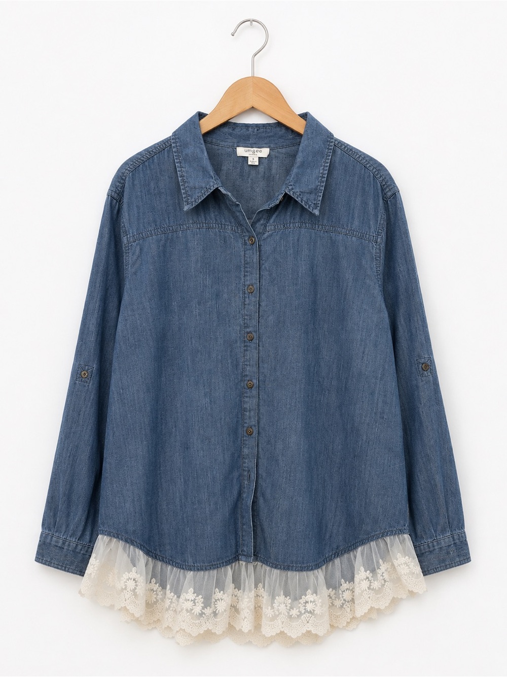 Umgee Denim Blue Button-Down Shirt with Cream Lace Hem